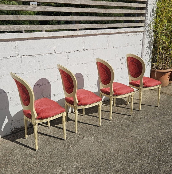 Image 1 of Set van 4 antieke Franse damaststoelen met medaillonmotief - gestoffeerde Louis XVI-stoelen - jaren 1900