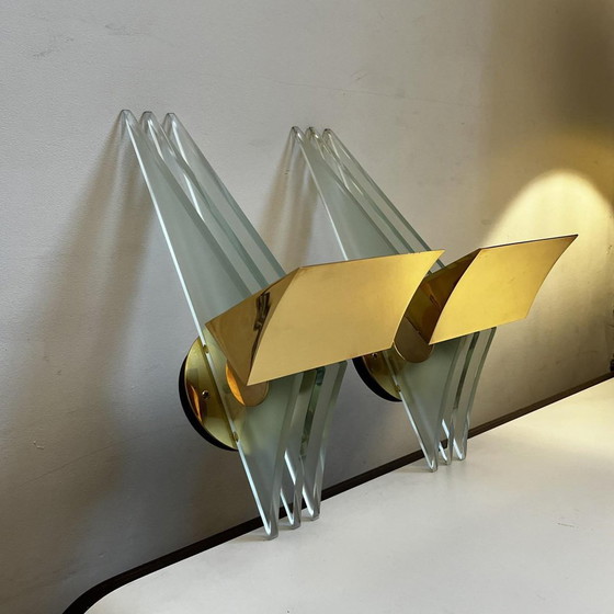 Hollywood Regency Wandlampen in vergulde messing voetstukken, 1970, Set van 2 – Metal, Glass, Art Deco (photo 9 of 15)