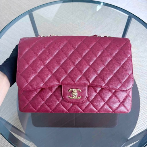 Borsa Chanel Classic Flap Jumbo - Caviar 30CM Single Flap Trapuntata Borgogna Rosso Scuro Finiture Oro Serie 13