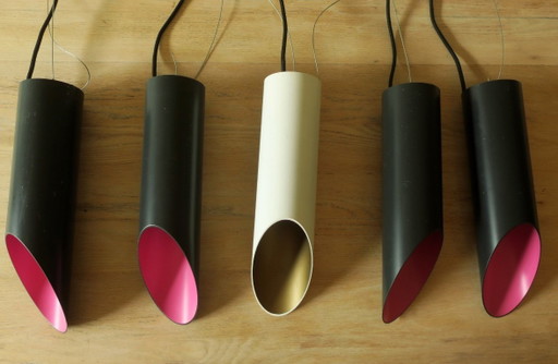 Set aus 5 zylindrischen Pendelleuchten im Raak-Stil, 1970er Jahre – hanglampen, Metal (photo 2 of 6)