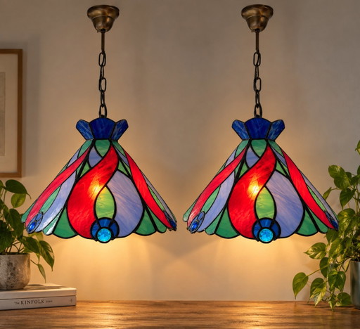 Set di 2 Lampade a sospensione colorate stile Tiffany – Vetro colorato – Look vintage
