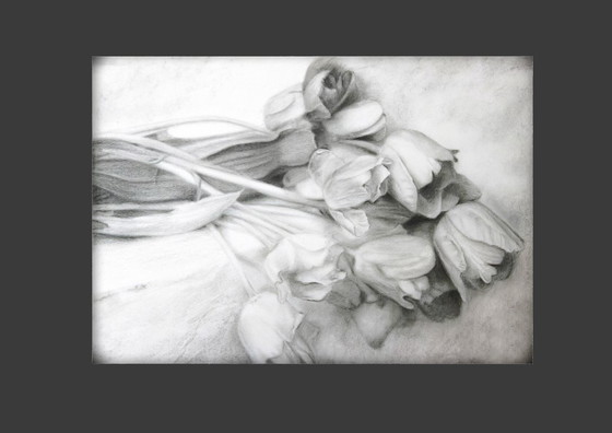 Image 1 of Charcoal drawing of tulips on paper. Tulip painting. Tulip drawing. Flower drawing. Flower painting. Signed.