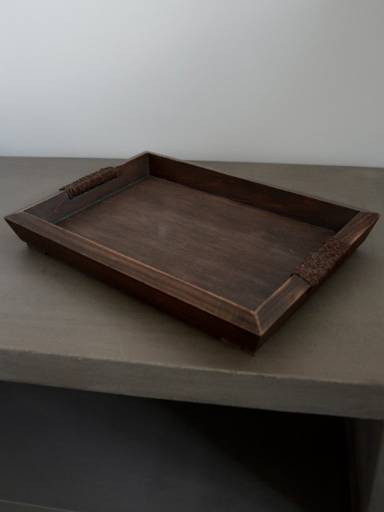 Image 1 of Vintage dienblad van onbewerkt hout en touw, brutalistisch/Japans/Wabi-Sabi design.