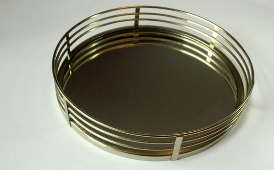 Image 1 of Elegant rond dienblad - spiegel dienblad - messing/glas - vintage