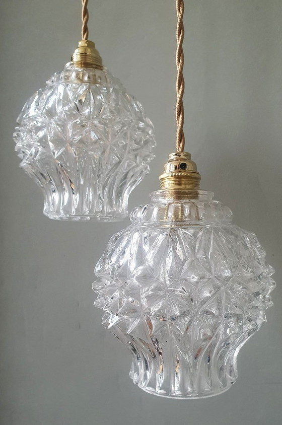 Image 1 of Set van 2 Vintage getextureerde bollampen - hanglampen - midcentury design. 