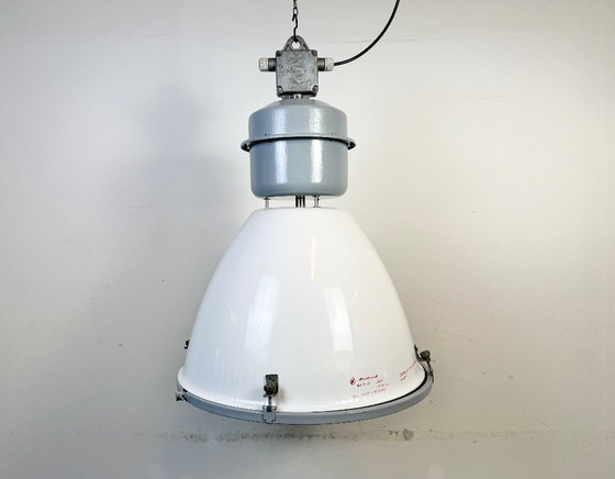 Image 1 of Große weiße Emaille-Industrielampe mit Klarglasabdeckung von Elektrosvit