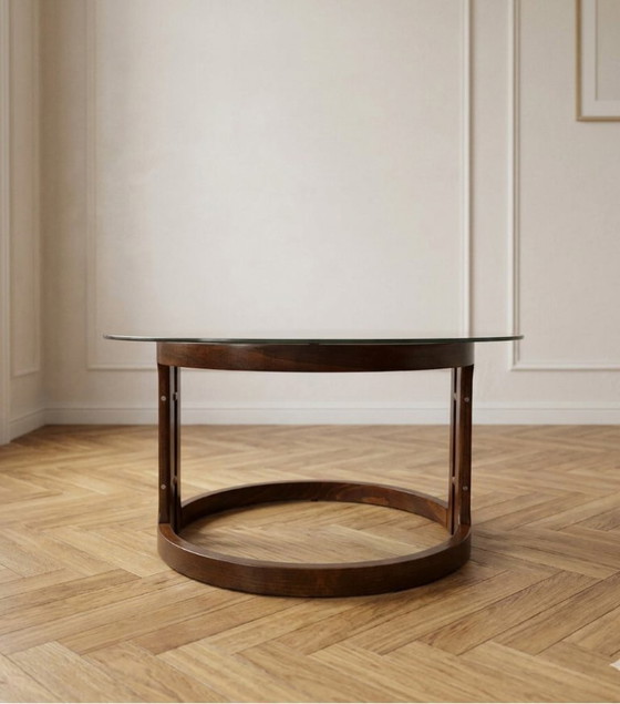 Image 1 of Table basse ronde vintage des années 1970 avec plateau en verre fumé
