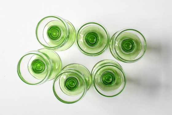 Image 1 of Set di 6 bicchierini vintage da liquore al limoncello / Bicchierini da shot con stelo verde Bormioli / Italia / Anni '70