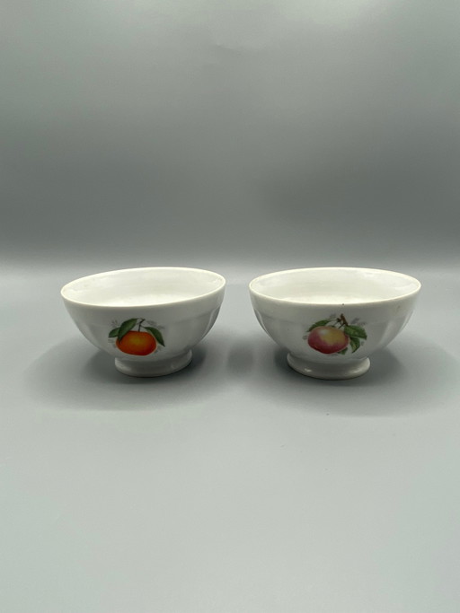 2 Chauvigny Porcelain Cider Bowls – Fernand Deshoulières – Fruit Decor – Circa – decoratieve objecten, Mid Century Modern