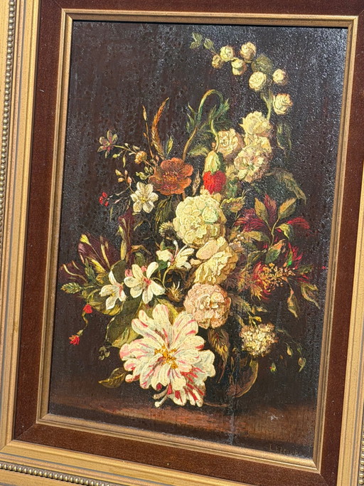 Antique French School Floral Still Life – Oil on Panel – Signed Letour – schilderijen tekeningen (photo 2 of 6)