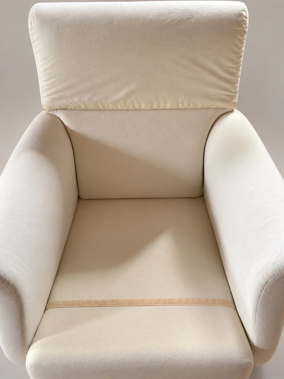 Minotti Armchair with matching Ottoman, Italian Design, Cream-colored Fabric, Textile, Wood, Creme, Modern (photo 6 of 6)