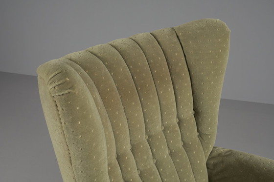 Image 1 of Large Green Italian Wood & Fabric Wingback Armchair, 1950s