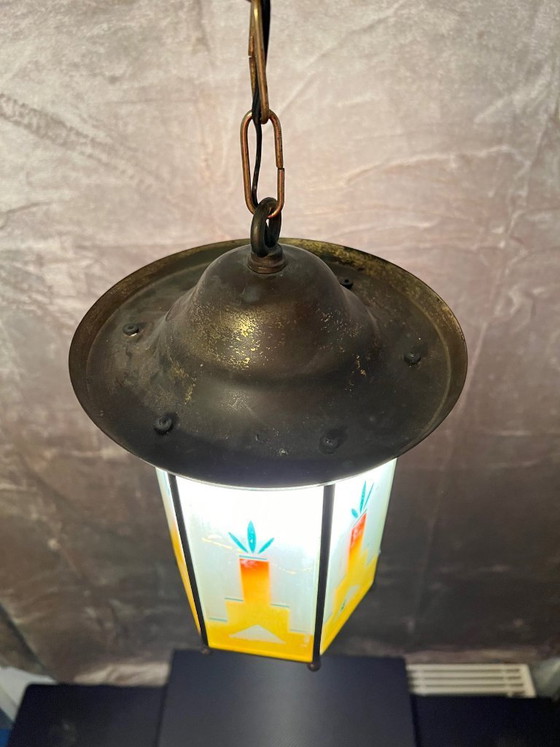 Lampada a sospensione anni '30 stile Amsterdamse School – Lampade a sospensione, Vetro, Metallo (photo 8 of 9)