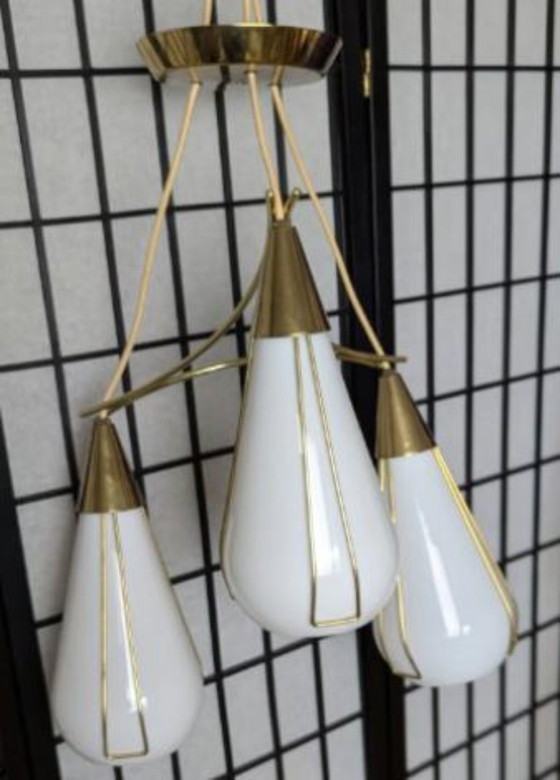 Image 1 of 1960s Mid Century Modern Pendant Chandelier by Moe Light Brass & Glass