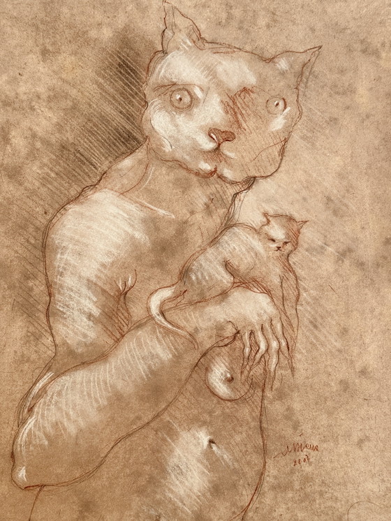 Image 1 of Robert Detheux- Wunderschönes surrealistisches Gemälde mit Katze