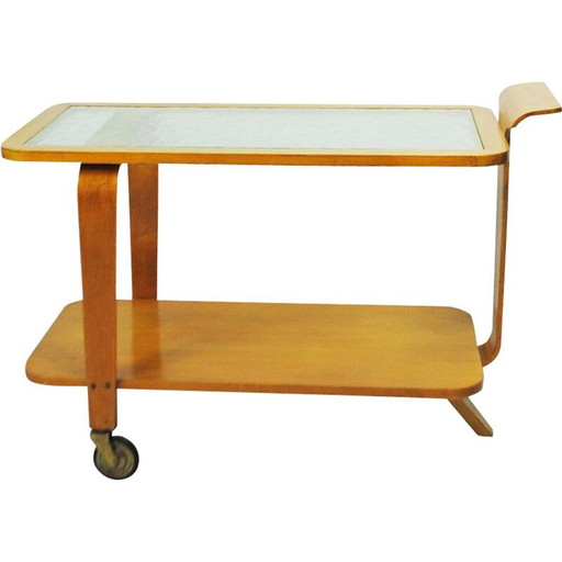 Vintage tea cart in beech wood and glass by Willem Lutjens for Gouda den Boer, The Netherlands 1953