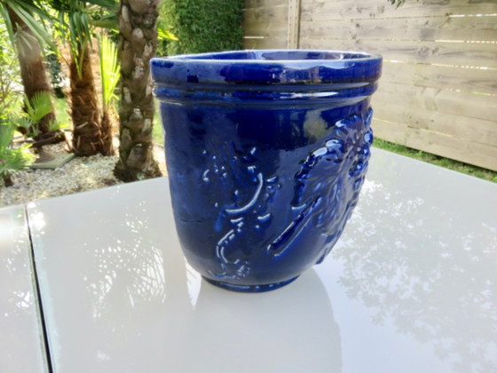 Image 1 of Wall-mounted flower pot, grape motif, in blue glazed ceramic, 1970s