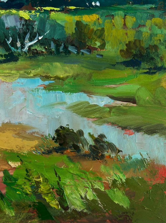 Image 1 of Original Oil Painting Summer Field Landscape Horses by the river