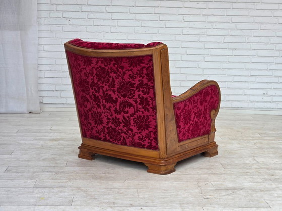 Image 1 of Anni '50, poltrona relax danese, velluto rosso per mobili, legno di quercia.