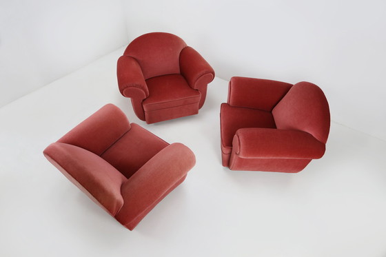 Image 1 of Ensemble de 3 fauteuils en velours rouge Art déco, années 1930