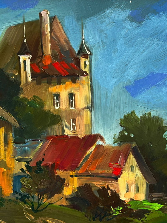 Image 1 of Peinture à l'huile originale, paysage rural estival, village riverain, quai de bateau