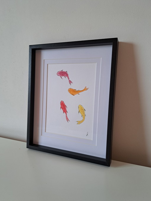 Watercolor painting mini Koi Carp | Black frame