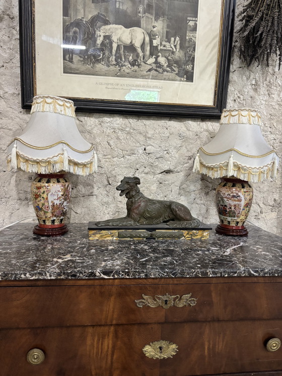 Image 1 of Set di 2 lampade da tavolo in porcellana stile Satsuma con paralumi sfrangiati