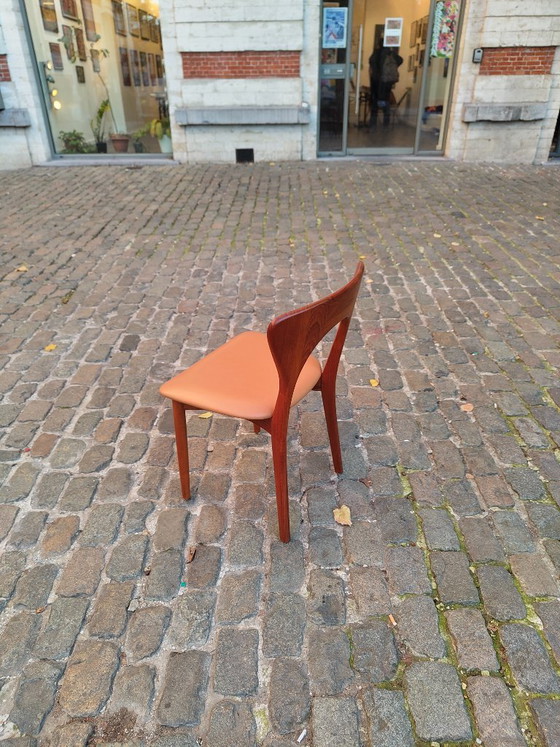Set di sei sedie da pranzo in teak e pelle marrone chiaro, Koefoed Hornslet, Legno, Mid Century Modern (foto 7 di 13)