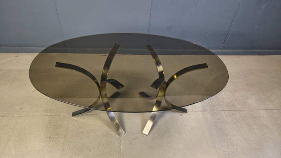 Image 1 of Vintage brass oval glass dining table, 1970s
