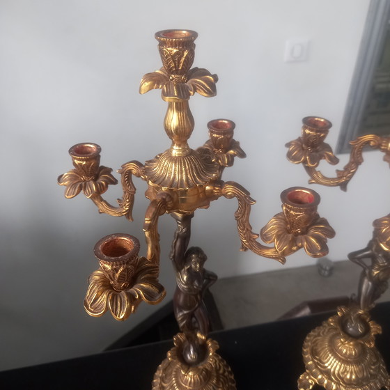 Image 1 of Paire Splendide Bougeoir Candelabre Bronze Doré  Femme Nue