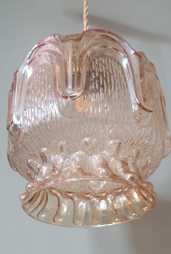 Image 1 of Set of 2 Vintage textured rose / amber tinted pendant lamps - mid-century design.