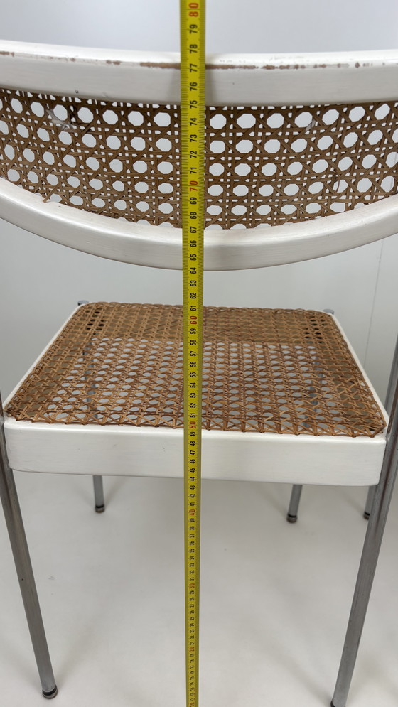 Image 1 of 2 x vintage armchair rattan/webbing chrome tube frame white wood