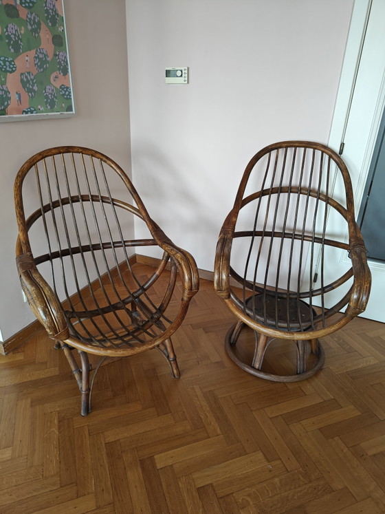 Set Rattan Mid-Century | Sedia, Sedia Girevole & Tavolo in Vetro Fumè – Set da salotto, Glass (photo 5 of 15)