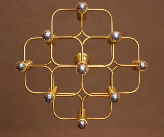 Gaetano Sciolari 9-Light Brass Chandelier, Geometric Mid-Century Semi-Flush Ceiling Light, c. 1970 – Space Age (photo 4 of 4)