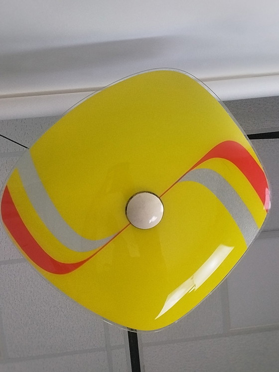 Image 1 of 1 x ceiling light 1960s PL09 in yellow and red with textured glass strip. From former Czechoslovakia