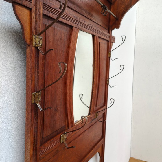 Image 1 of Porte-manteau ancien, porte-manteau sur pied avec miroir, mobilier d'entrée