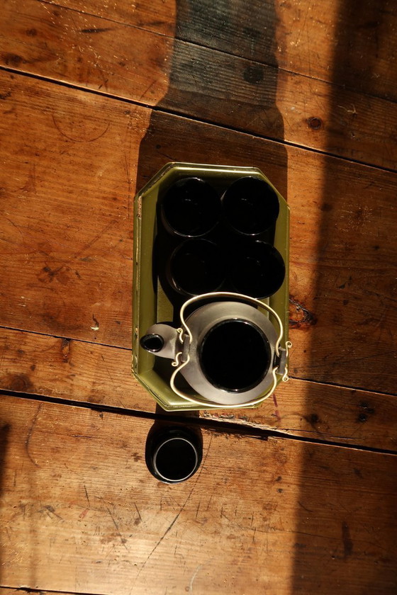 Image 1 of Vintage 1970s Vietnamese Ceramic Tea Set with Lacquered Tray, Hanoi – Minimalist - 2C30