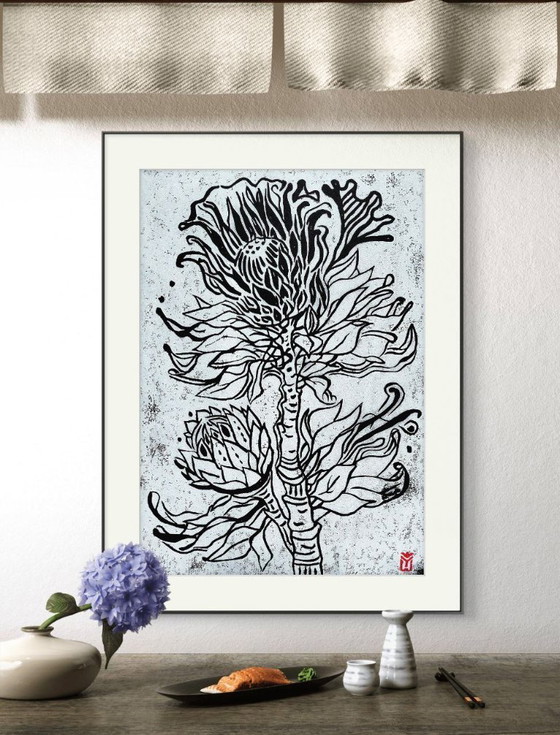 Image 1 of Protea, Impresión linograbada - A3, Tinta blanca sobre papel negro, Arte botánico impreso a mano , Edición limitada