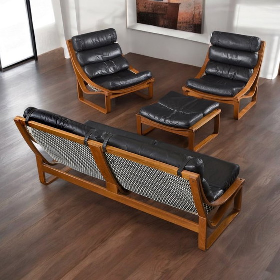 Image 1 of Divano con imbracatura T4 in pelle nera e teak, Fred Lowen per Tessa, anni '70