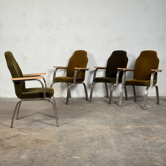 Image 1 of Brutalist Green Oak Armchairs set of 6, 1960s