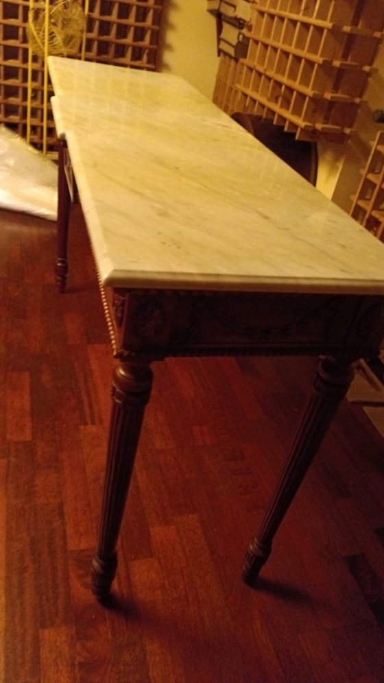 Consolle Classica Neoclassica / Luigi XVI, Grembiule in Legno con Sottili Dettagli Intagliati e Sue (photo 5 of 5)