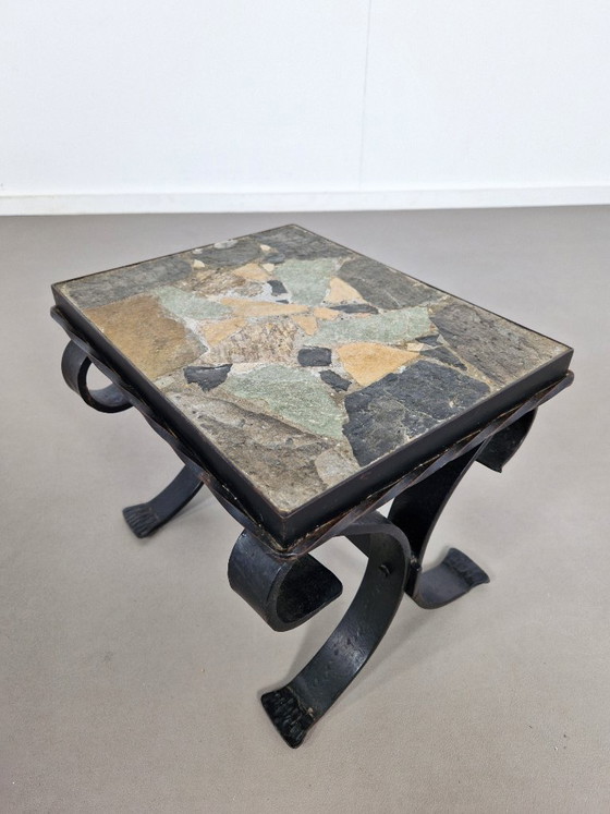 Image 1 of Bijzettafel van smeedijzer en leisteen | jaren 60