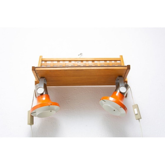 Image 1 of Vintage wall shelf in beech wood with integrated lamps by Uluv, Czechoslovakia 1960