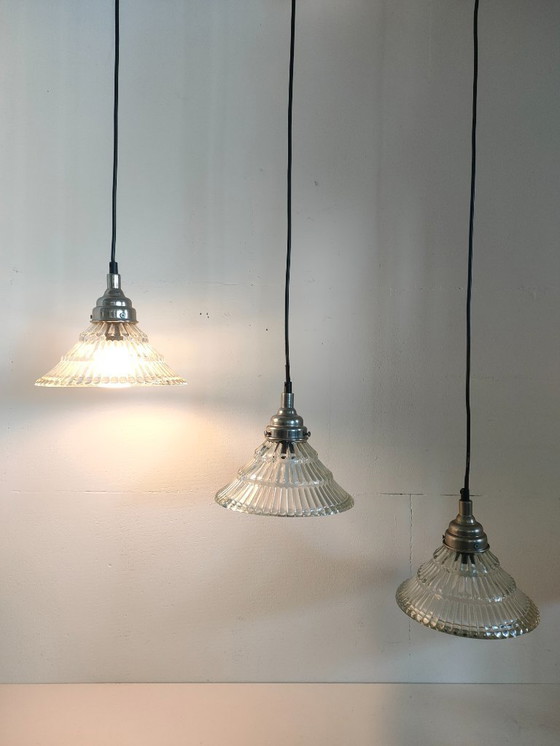 Image 1 of Set of 3 Glass Pendant Lights Holophane Style