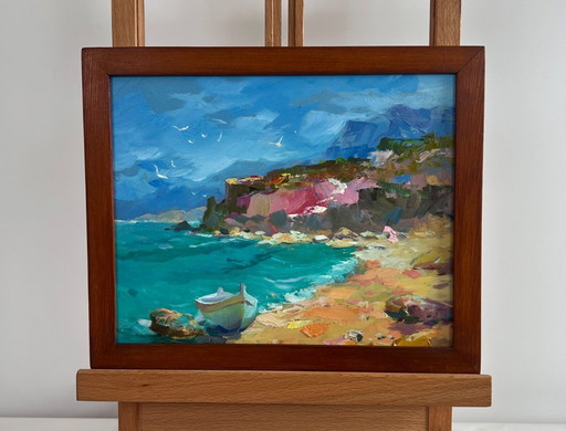 Original Oil Painting Coastal Mountain Landscape After the sea storm
