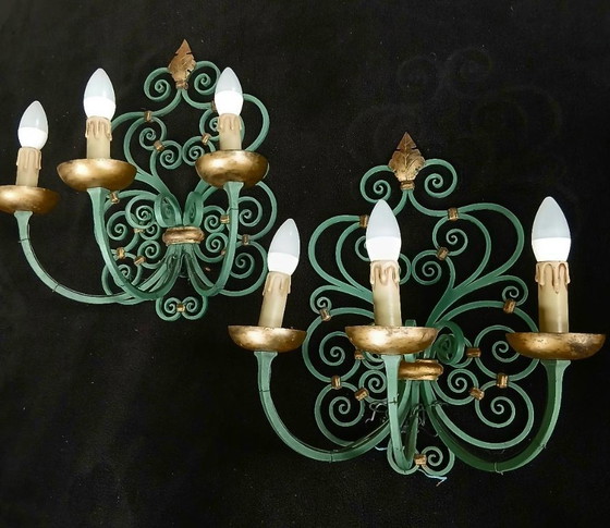 Image 1 of PAIR OF ANTIQUE WROUGHT IRON WALL LIGHTS BY GILBERT POILLERAT, Baroque, 1940