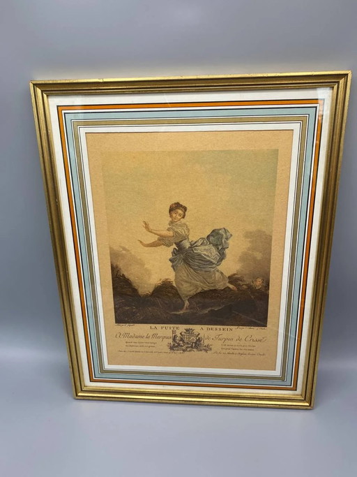 De Ontsnapping, prent naar Fragonard, gegraveerd door Massin en Couché, ingelijst – decoratieve objecten, Paper, Glass