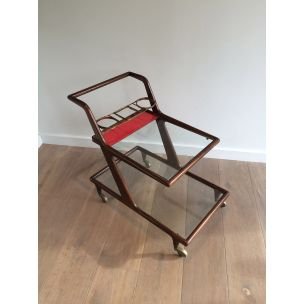 Vintage Tisch aus Holz, Messing und Glas auf Rädern, 1950