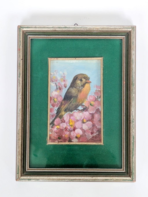 Vintage Robin Oil Painting, Blossoms, Green Velvet Mat, Signed