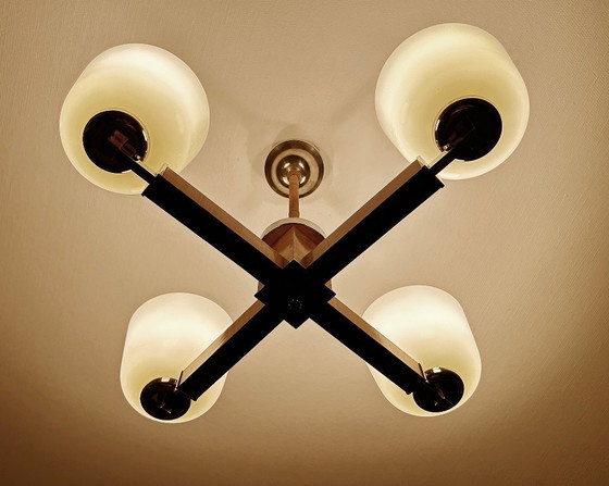 Image 1 of Lampe pendante Art Déco en bois et verre chromé